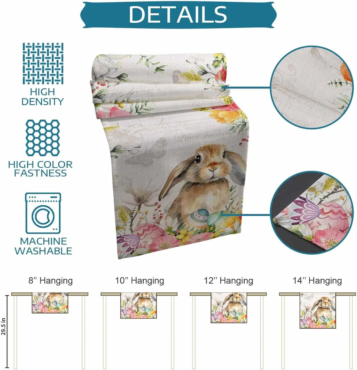 Cette image présente un sac décoratif avec un motif de fleurs et un lapin mignon, disponible en différentes tailles pour s'adapter à différents usages.