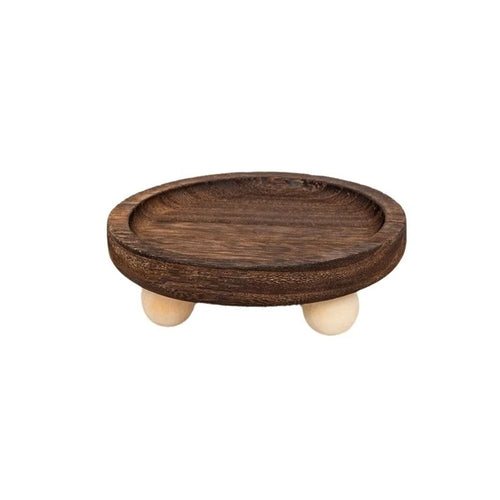 plateau bois marron rustique minimaliste pieds boules bijoux rangement parfum céramique blanc