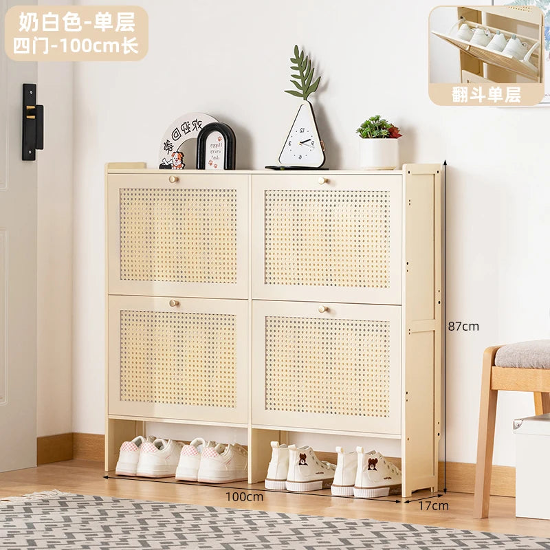meuble chaussures bois rotin moderne minimaliste boogie blanc tissu beige vis assembly
