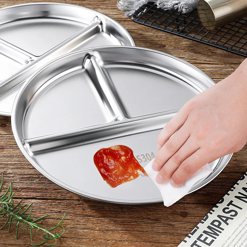 assiette compartimentée moderne trois sections acier inoxydable lisse argentée utilisation quotidienne école repas collations