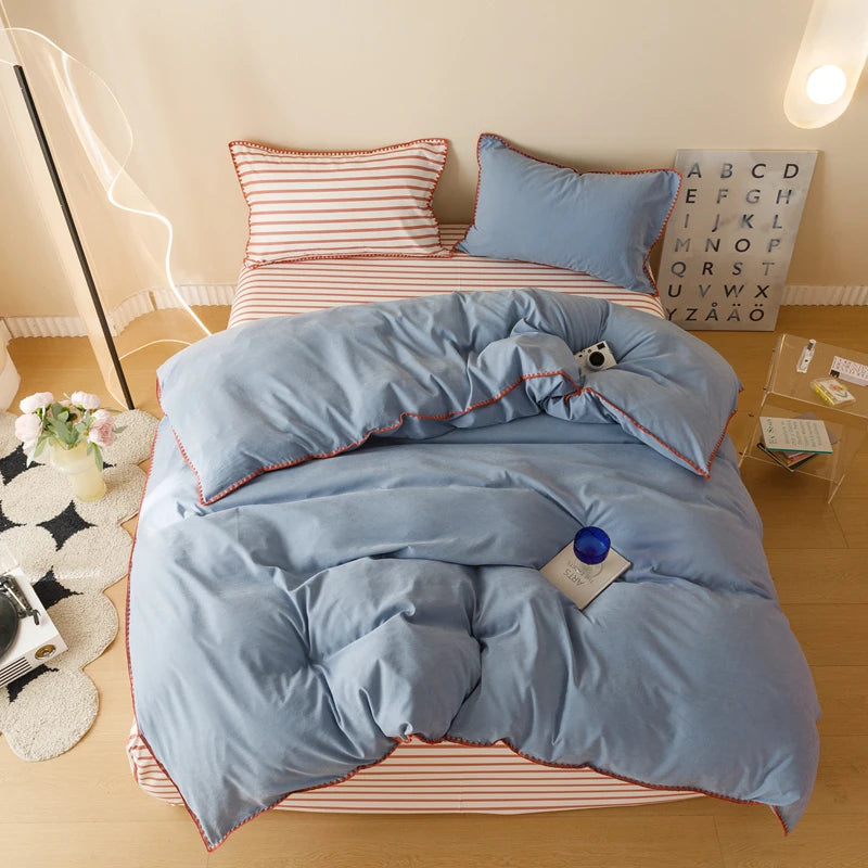 ensemble literie bleu rouge rayures moderne drap plat taies oreillers double full queen