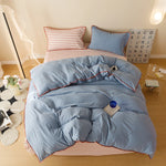 ensemble literie bleu rouge rayures moderne drap plat taies oreillers double full queen