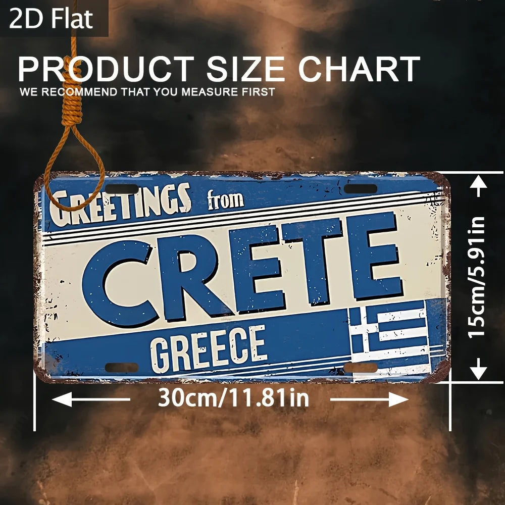 plaque décorative aluminium bleu blanc vintage drapeau grec crete lettres horizontales effet vieilli 30x15cm