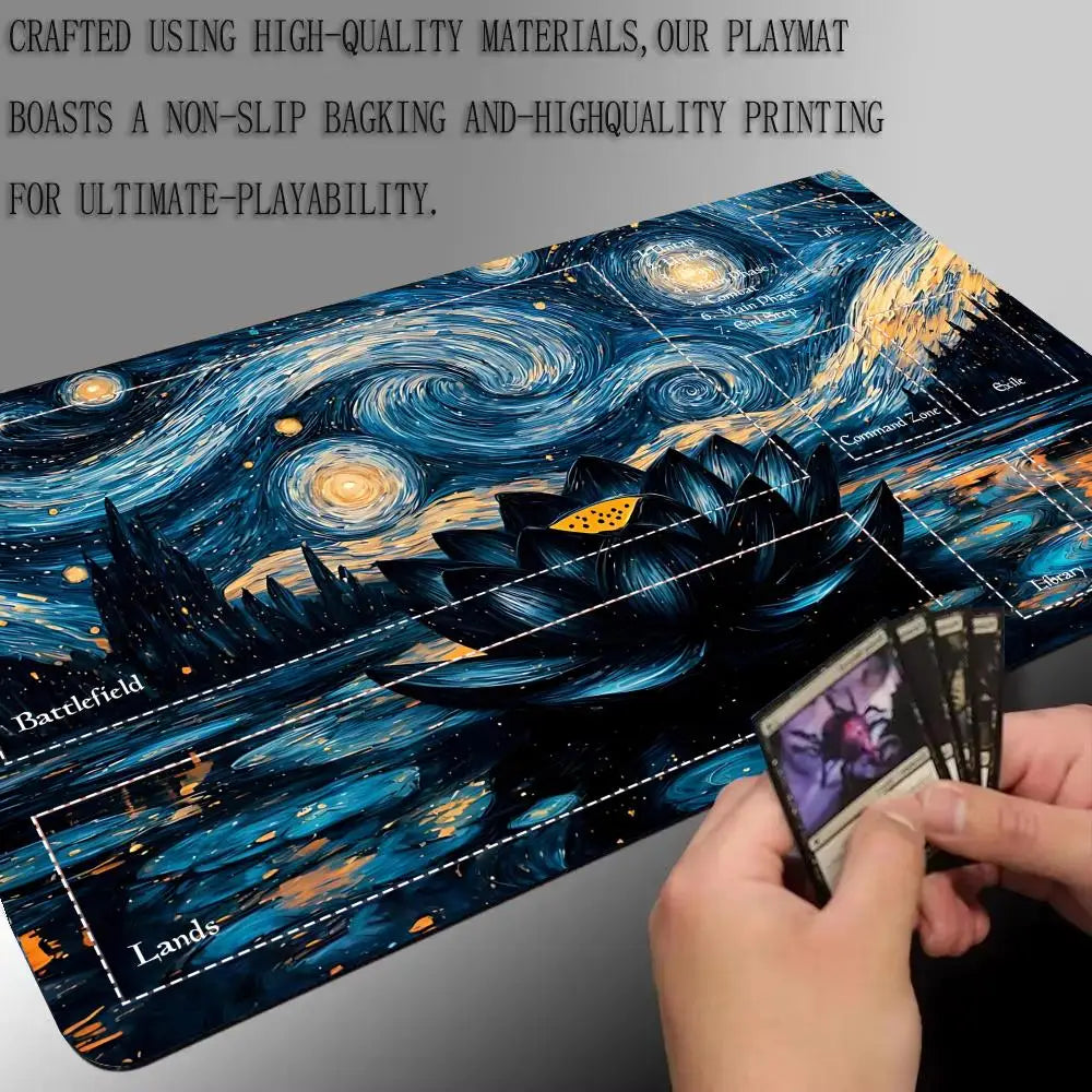 tapis jeu nuit étoilée paysage nuages lotus bleu noir cartes jeu non glissant