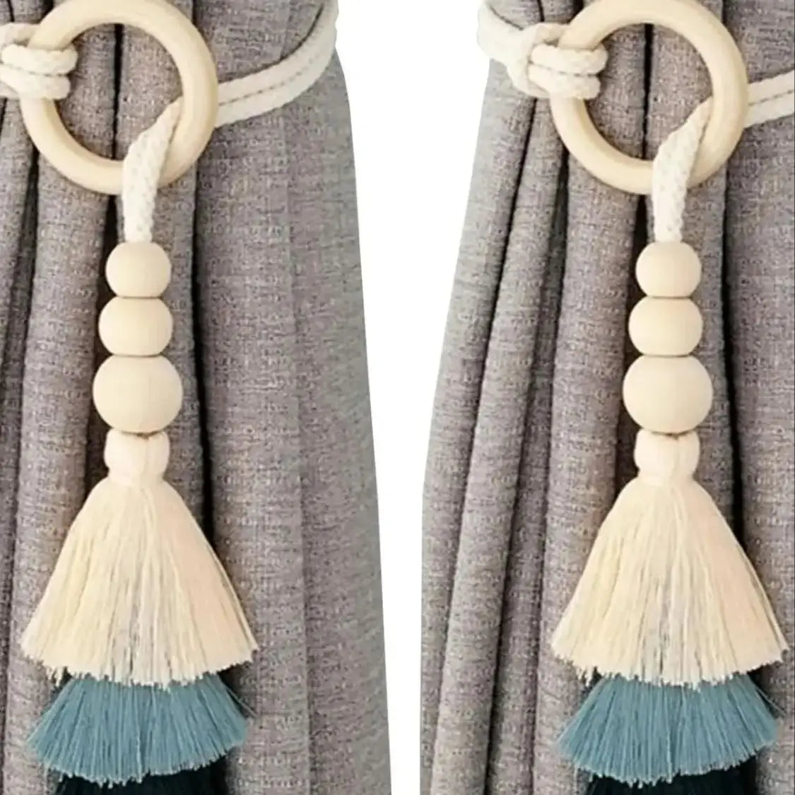boucles rideau boho chic franges tissu coton beige blanc cassé anneaux circulaires fixations rideaux