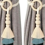 boucles rideau boho chic franges tissu coton beige blanc cassé anneaux circulaires fixations rideaux