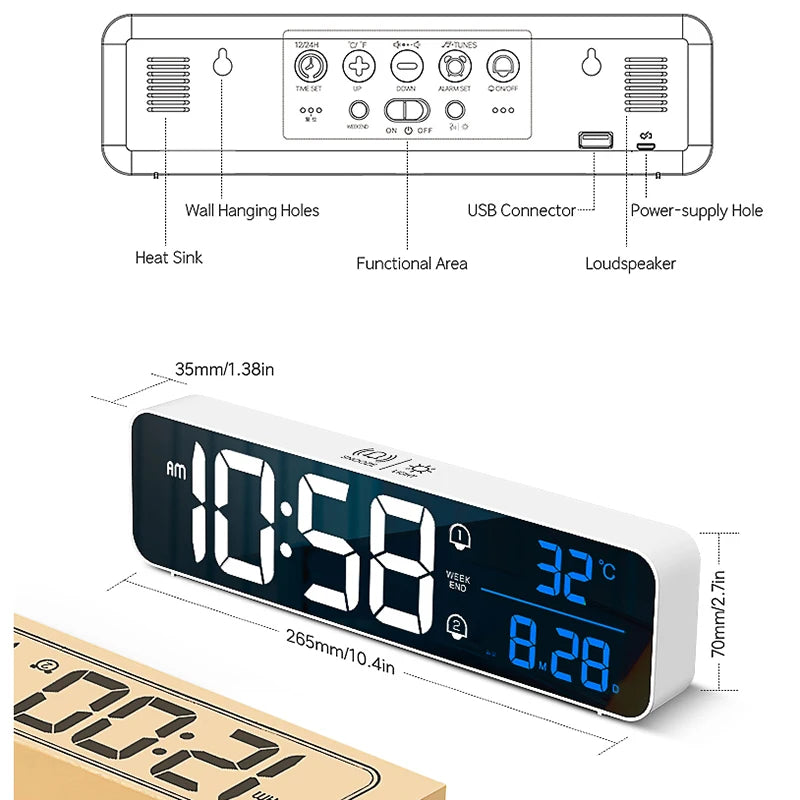 horloge numérique moderne blanc noir écran led affichage température double alarme snooze