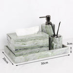 ensemble décoration salle bain marbre vert blanc moderne distributeur savon boîte mouchoirs flacon parfum