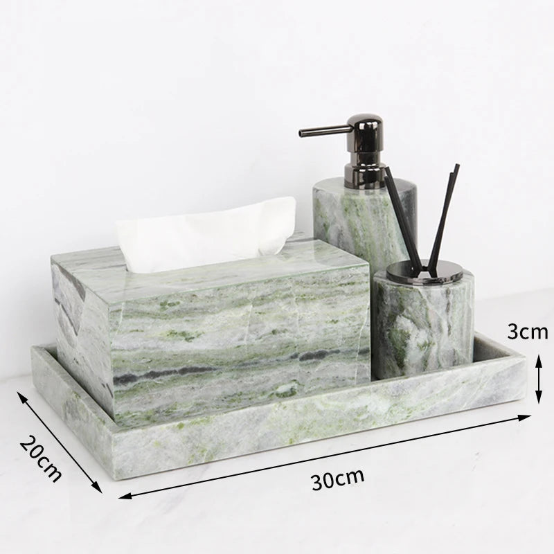 ensemble décoration salle bain marbre vert blanc moderne distributeur savon boîte mouchoirs flacon parfum