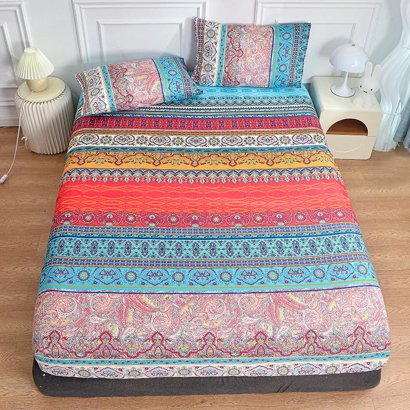 drap lit boho chic imprimé paisley motifs floraux rouge bleu orange jaune blanc double