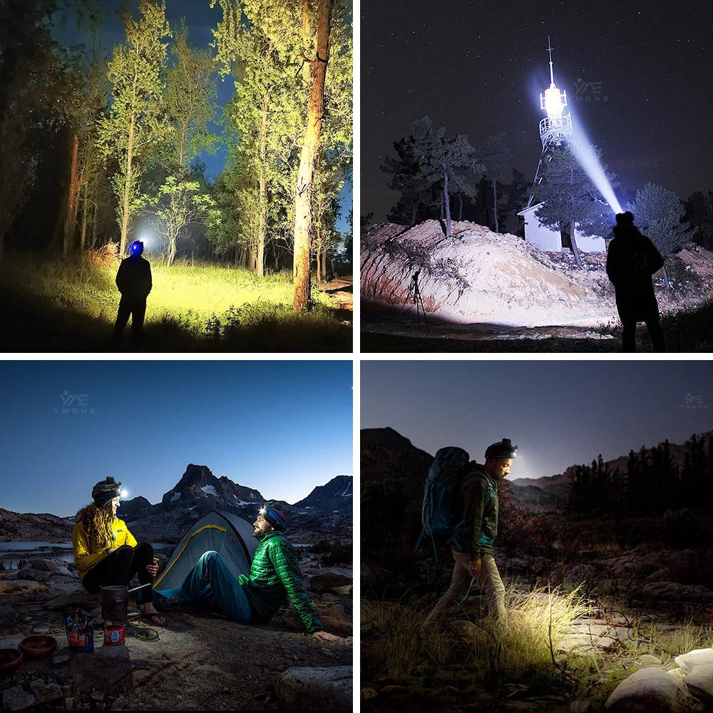 lampe frontale led rechargeable capteur intelligent charge solaire camping randonnée forêt route