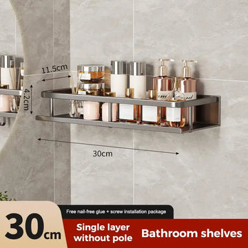 étagères salle bain acier gris modernes clips lisses 50cm 12cm largeur cosmétiques serviettes bouteilles