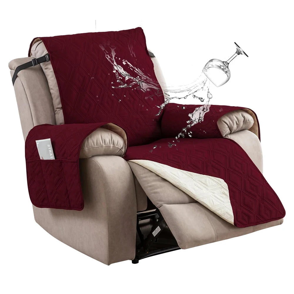 housse fauteuil inclinable motif géométrique gris beige moderne quilté poche rangement ceinture fixations