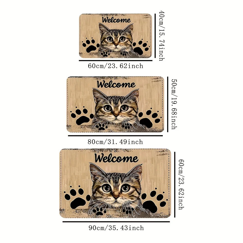 tapis d'entrée moderne chat welcome adhésif résistant extérieur intérieur beige noir vert gris