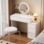 maquillage blanc moderne miroir ovale tiroirs accessoires lampe tabouret minimaliste