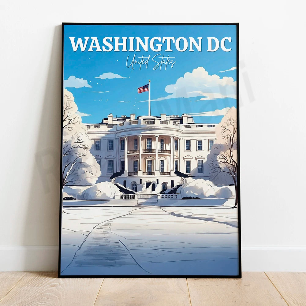 Affiche représentant le paysage urbain de Washington DC, la capitale des États-Unis, avec le bâtiment de la Maison Blanche au centre sous un ciel nuageux.