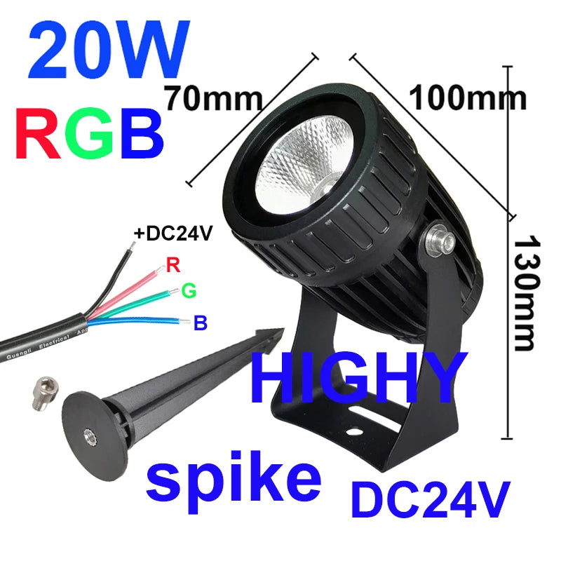 projecteur led jardin 20w ip65 moderne vis fixation câble fil rouge vert bleu