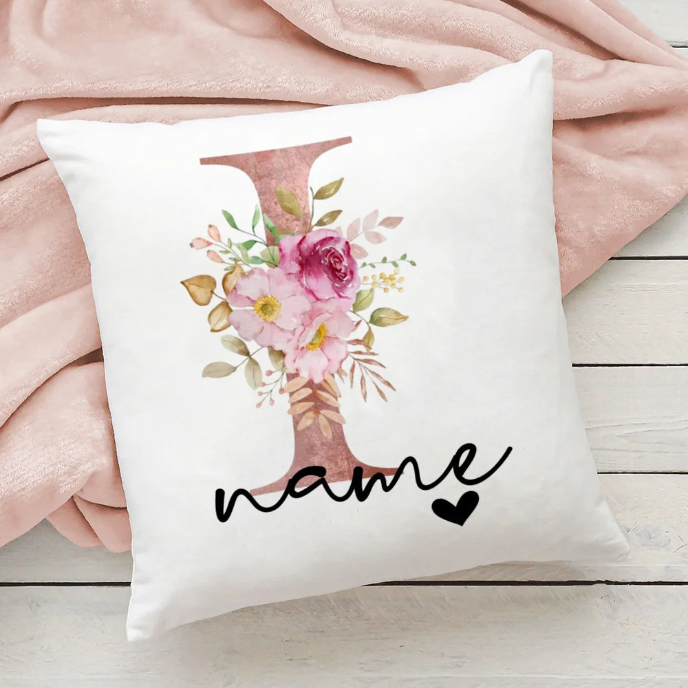 taie d'oreiller motif floral rose lettres initiales respectueux environnement moderne blanc