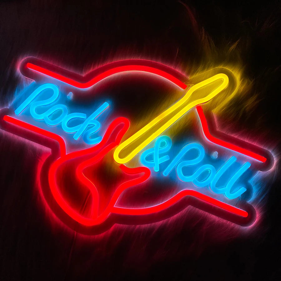 néon lumineux guitare rock roll live music couleur rouge bleu jaune blanc fixations