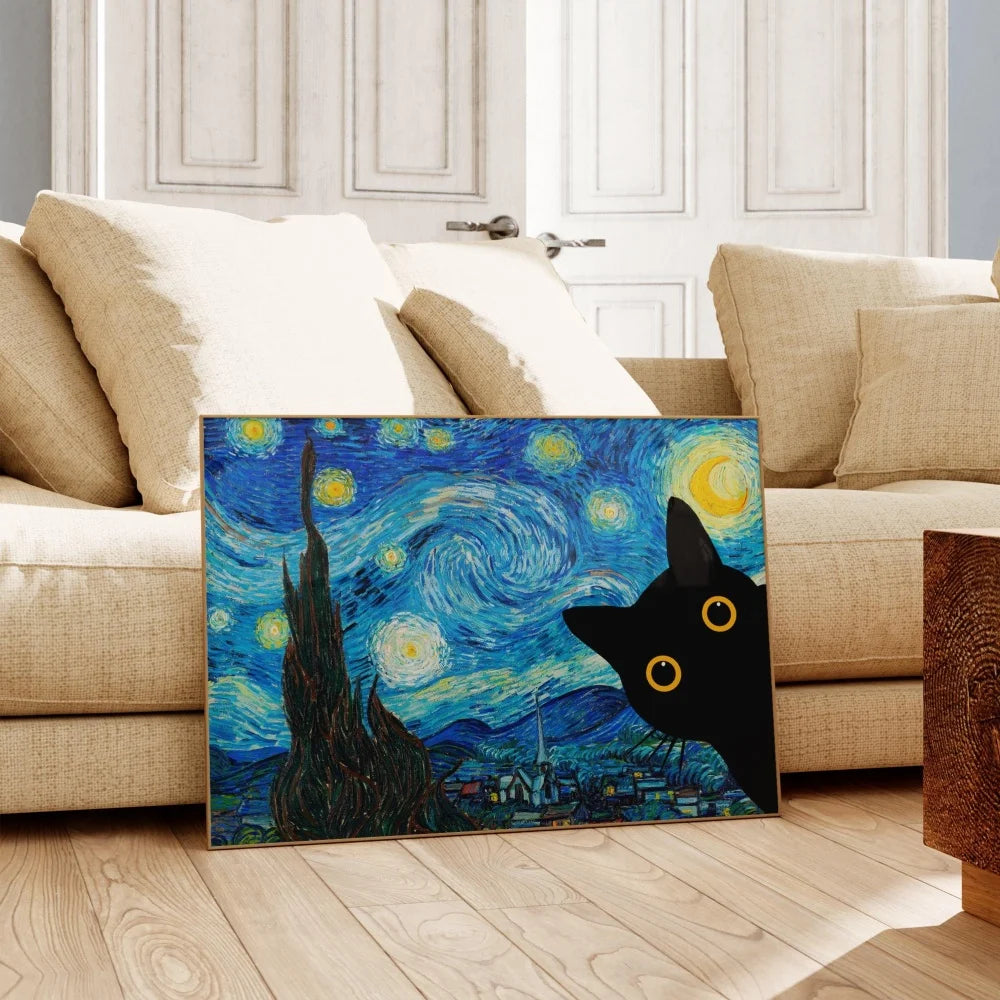 tableau moderne nuit étoilée van gogh chat noir toile sans cadre décoration murale pop