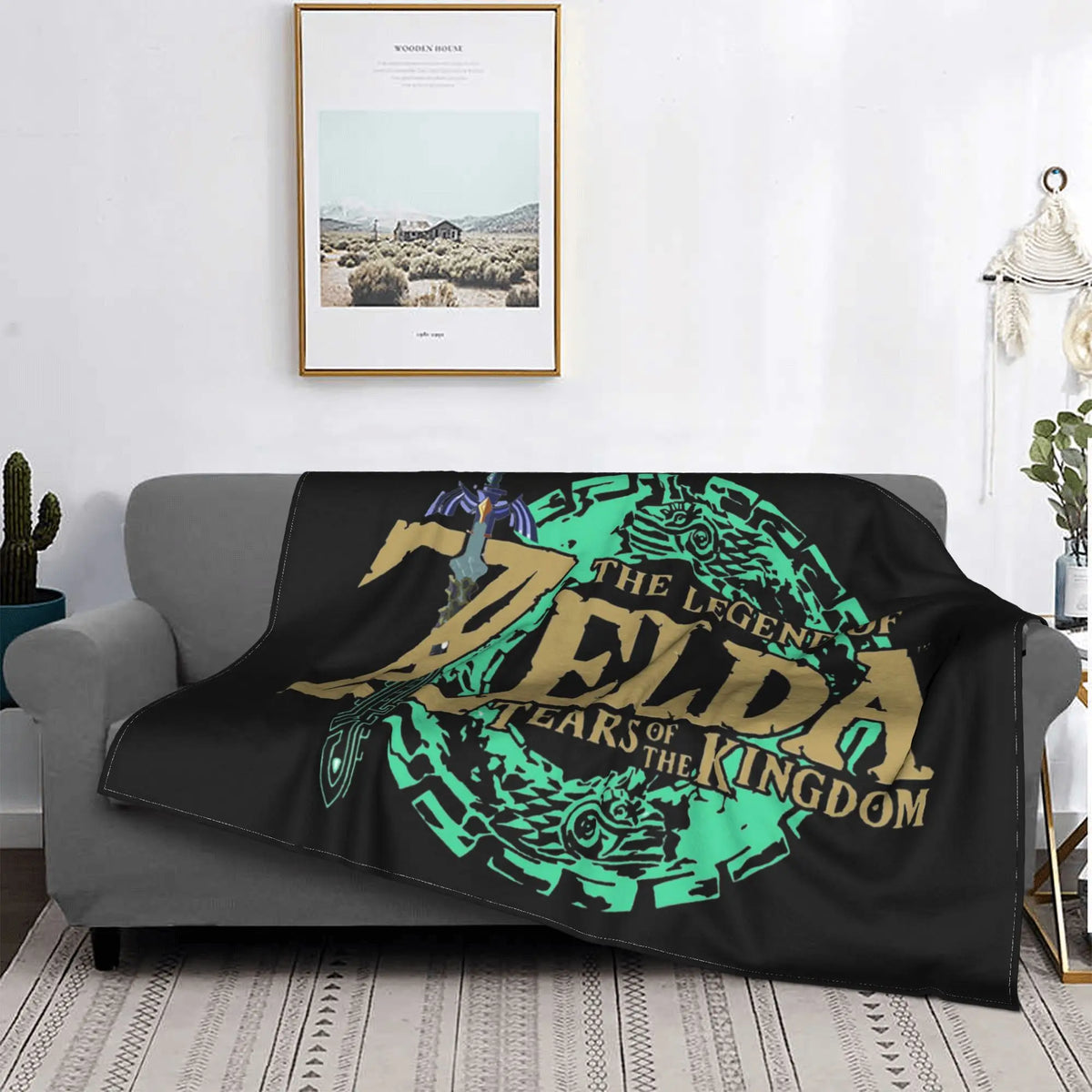couverture graphique legend zelda noir vert doré 125x100cm moderne salon voyage