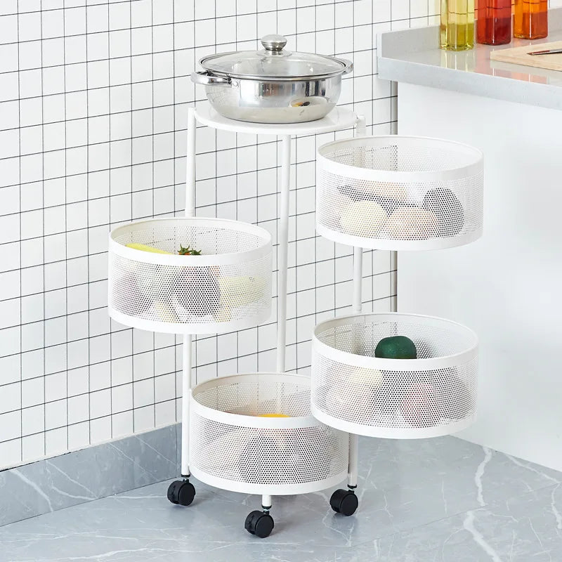 chariot roulettes multifonction moderne paniers rotatifs plateau supérieur grille métallique rangement cuisine blanc noir