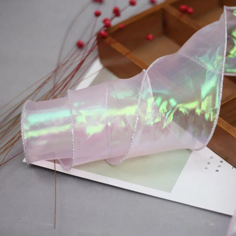 ruban organza polyester nylon 10m transparent vert rose rayures brillant semi transparent moderne élégant