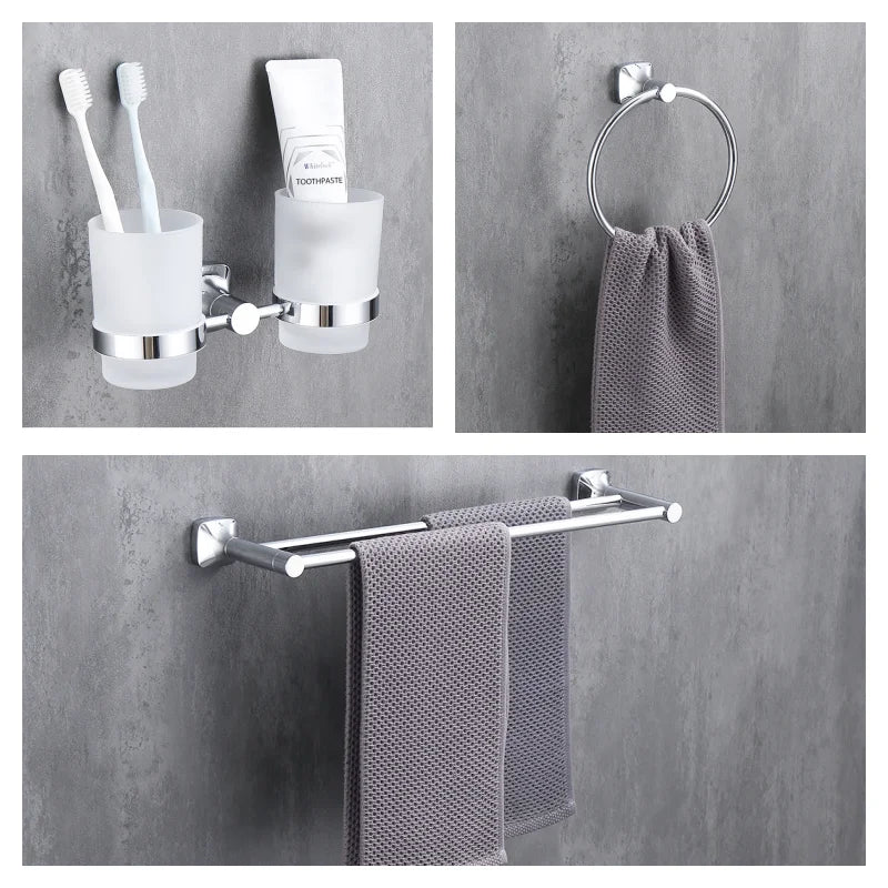 ensemble accessoires salle bain chrome porte serviette savon dentifrice gobelet mural métal