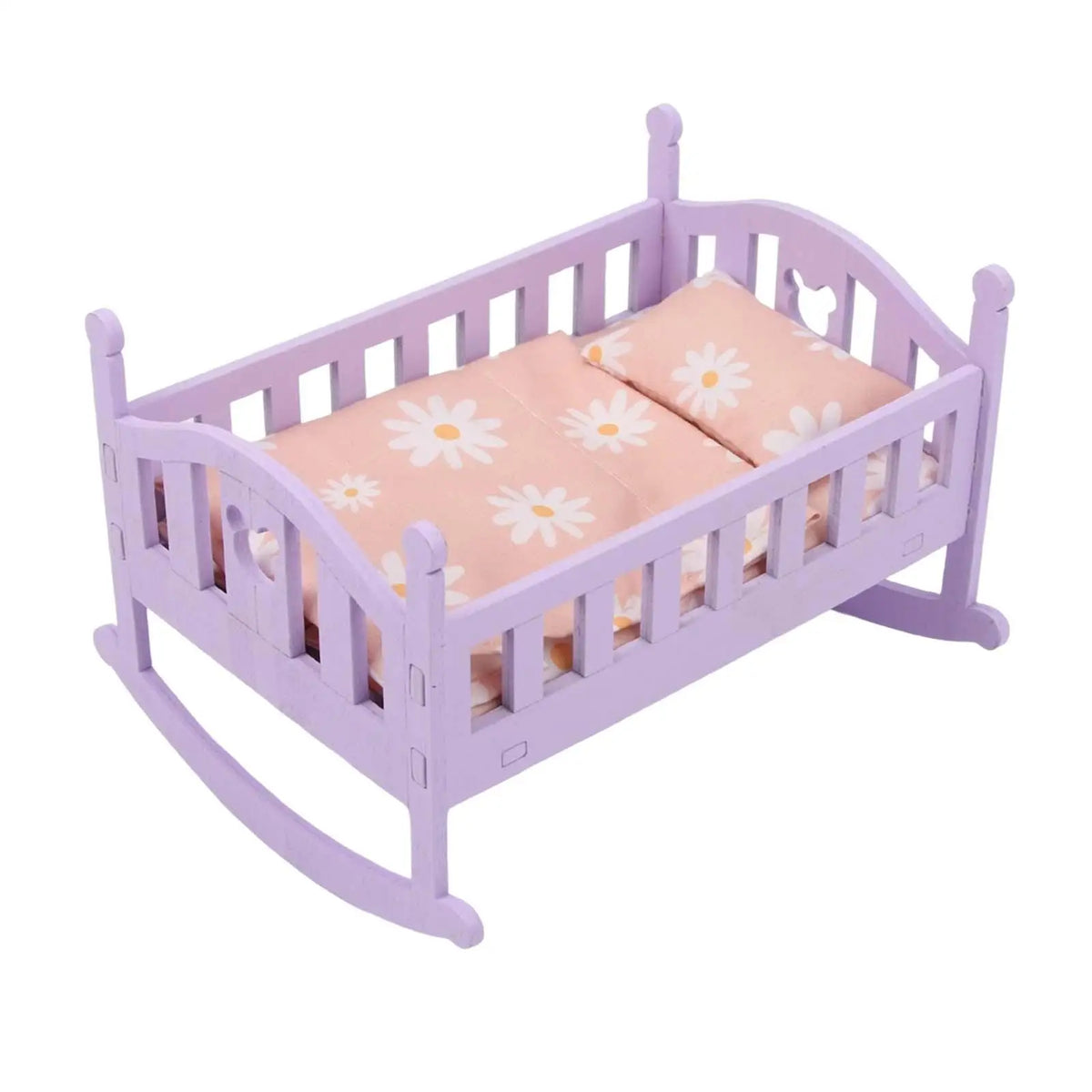 lit balancier poupée violet marguerites blanches fond rose classique deux oreillers couverture