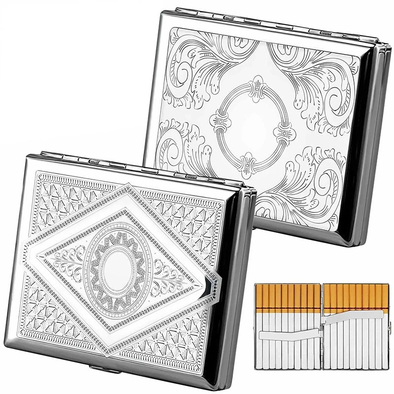 boîtes cigarettes argentées émaillées motifs floraux géométriques pliables contenant cigarettes classiques