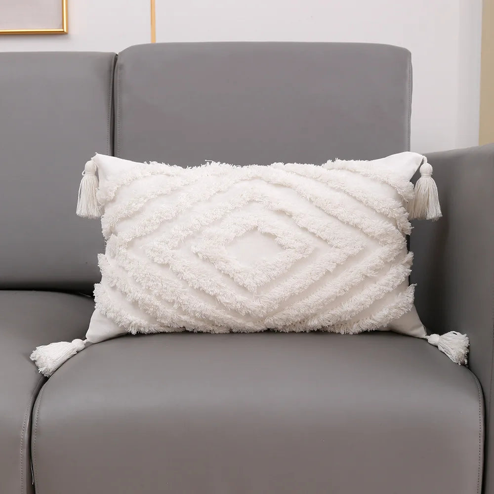 coussin carré géométrique blanc boho chic franges opaques décoration maison voiture