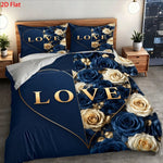 housse couette taies oreiller ensemble literie motif roses love cœur doré romantique bleu doré
