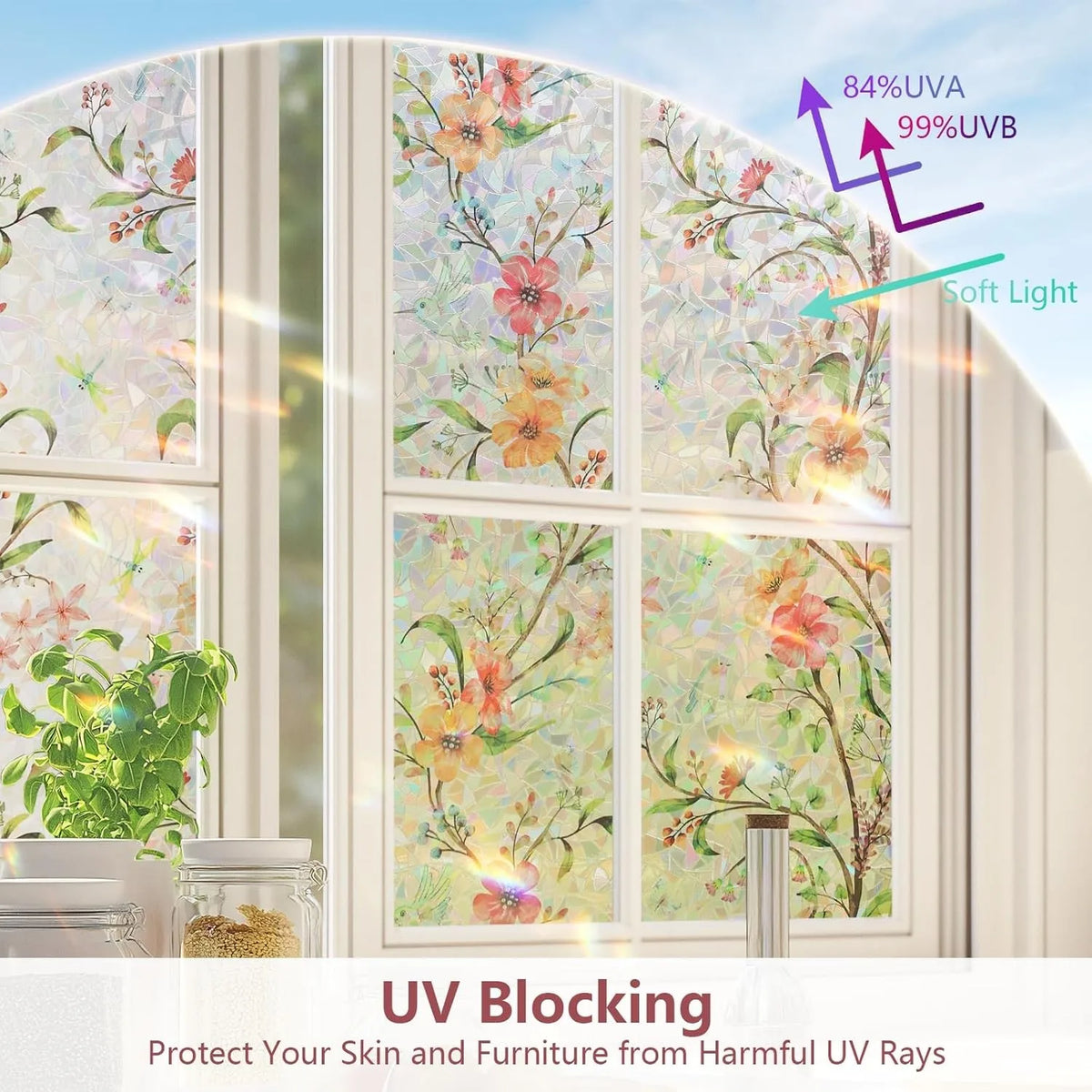 film vinyle décoratif fleurs multicolores fenêtre porte vitre opacité protection intimité maison