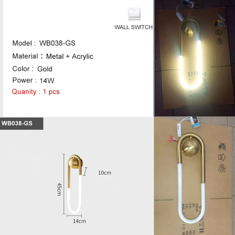 applique murale moderne minimaliste noir doré lumière blanche led fixée mur deux tubes incurvés