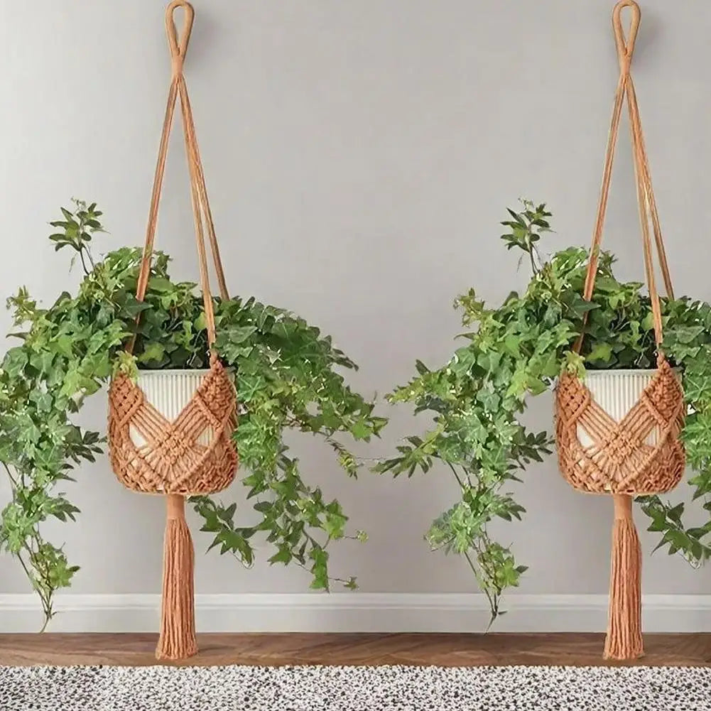 sac suspendu macramé boho hooks plante tissé beige marronclair gris artisanal