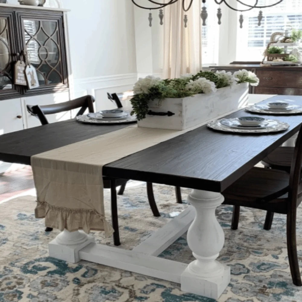 table cuisine chemin table vert foncé blanc classique rustique lavable réutilisable pâques noëlalloween valentin