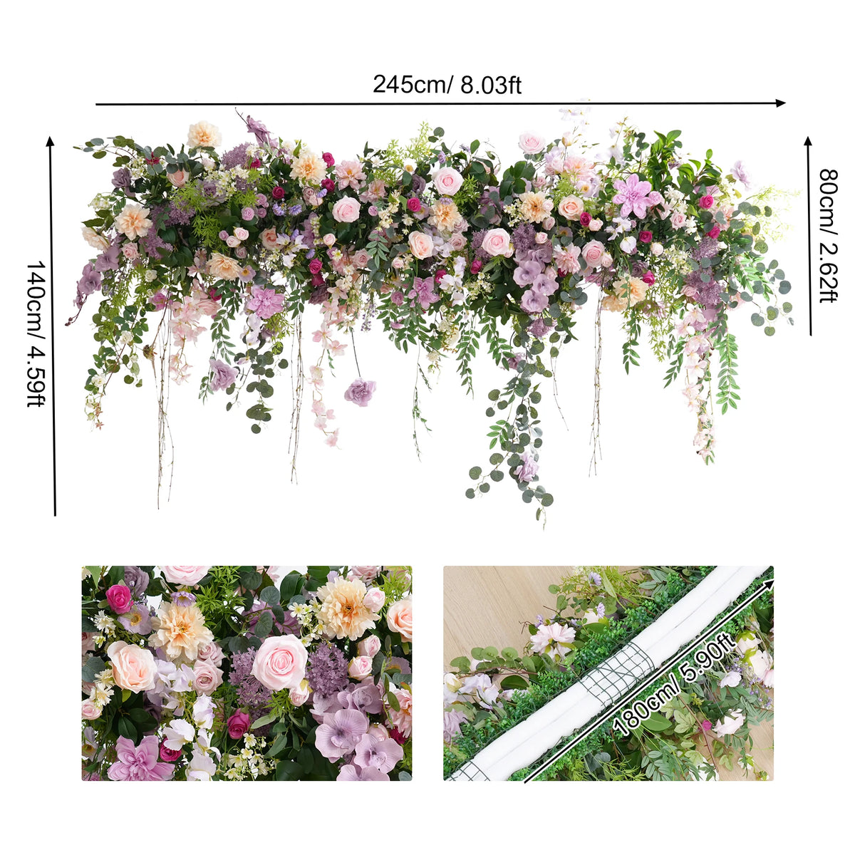 arche décorative mariage violet clair fleurs artificielles romantique roses dahlias eucalyptus guirlande bouquet