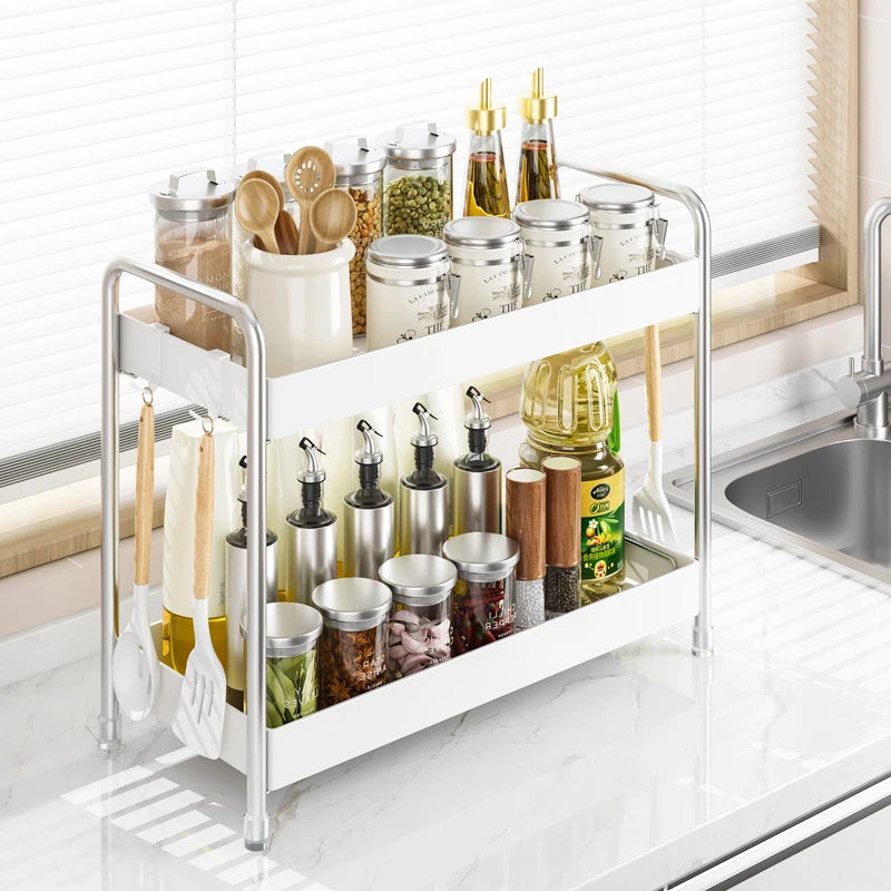 étagère cuisine acier inoxydable blanc chrome moderne multifonctionnelle double étage pieds solides assaisonnement cuillères