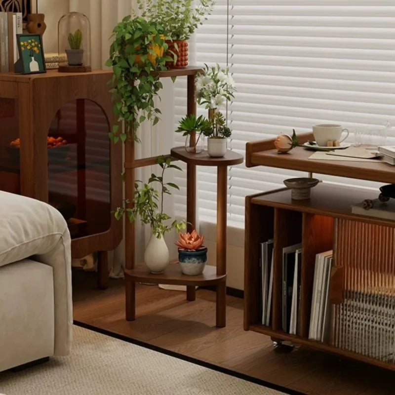 étagère plantes bois moderne niveaux marron clair vases plante livres minimalisteintérieur décoration