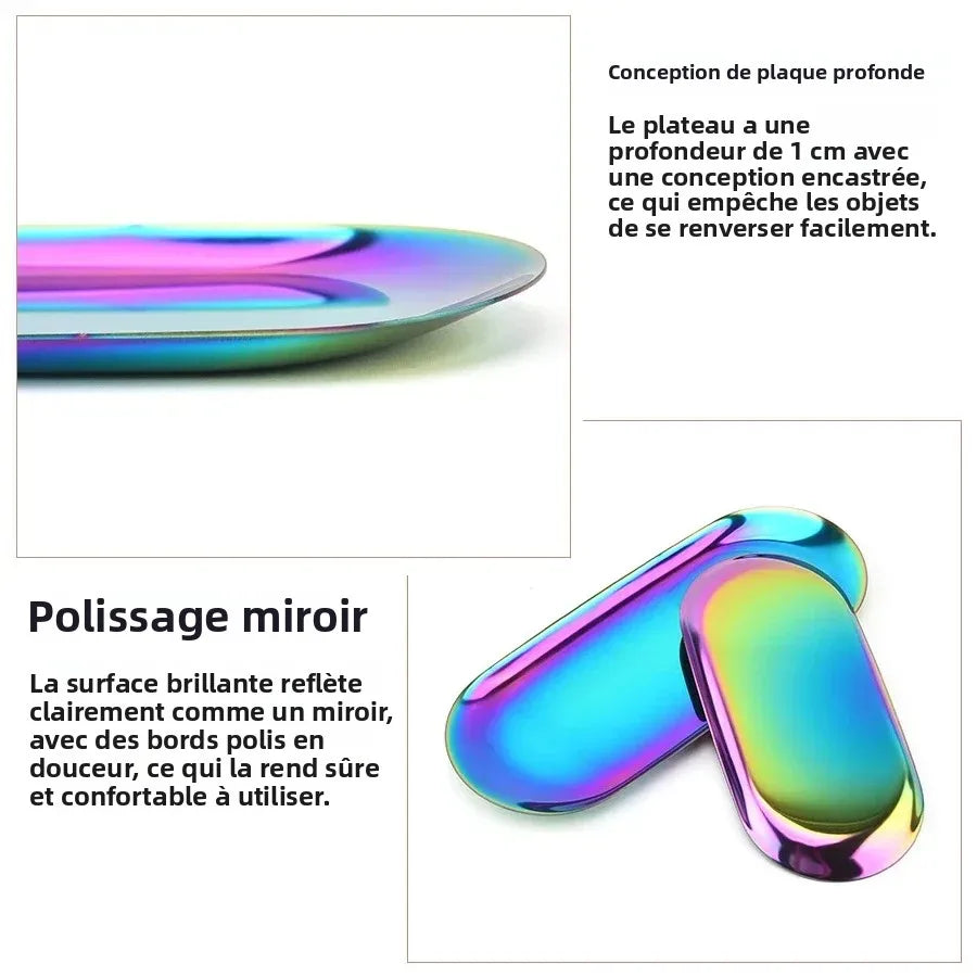 plateau ovale multicolore brillant moderne élégant acier inoxydable présentation bijoux cosmétiques rangement manucure desserts