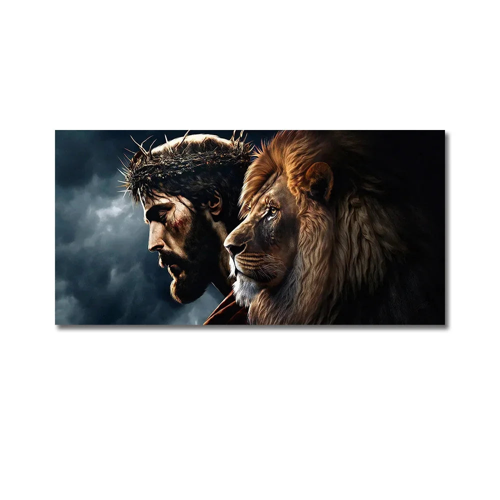 tableau sans cadre impression toile abstraite dieu jésus christ lion noir gris beige marron