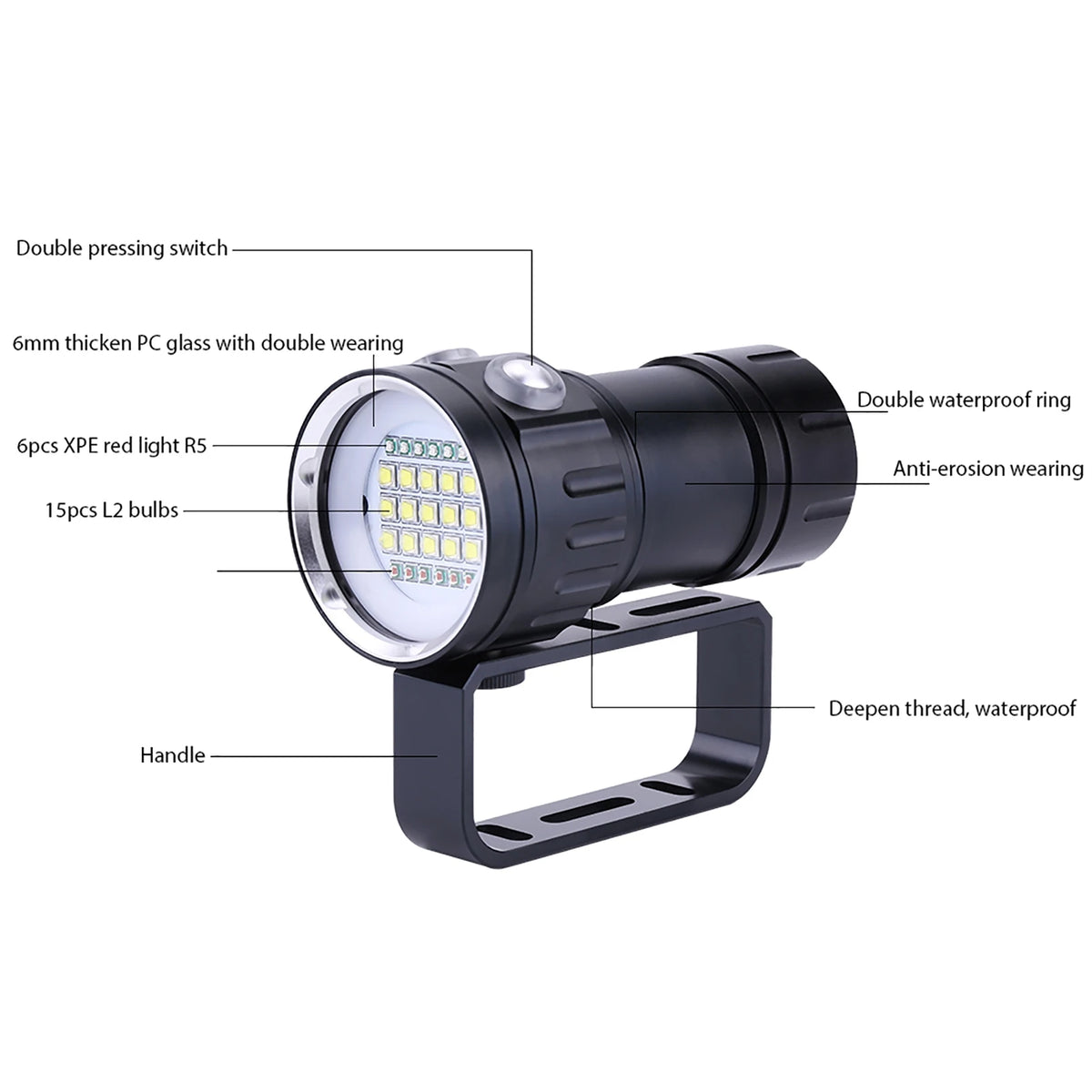 lampe torche sous marine noire texturée rainures moderne robuste poignée intégrée six anneaux six