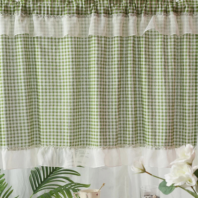 rideau vert carreaux polyester opacité classique rustique bordure dentelle chambre salon