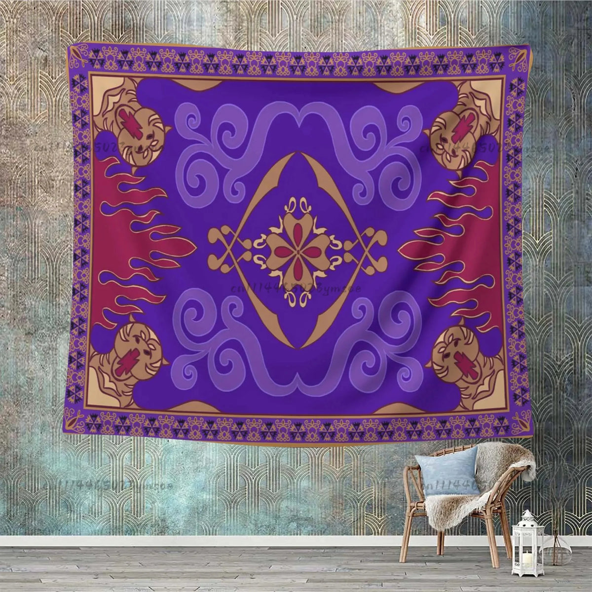 tapisserie murale moderne ethnique motifs floraux géométriques couleurs violet rouge beige or