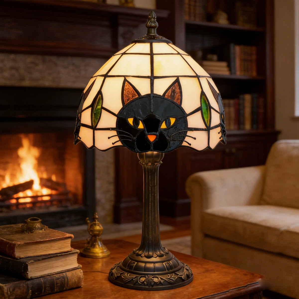 lampe table tiffany vitrail cat face noir blanc vert orange tasse base solide interrupteur
