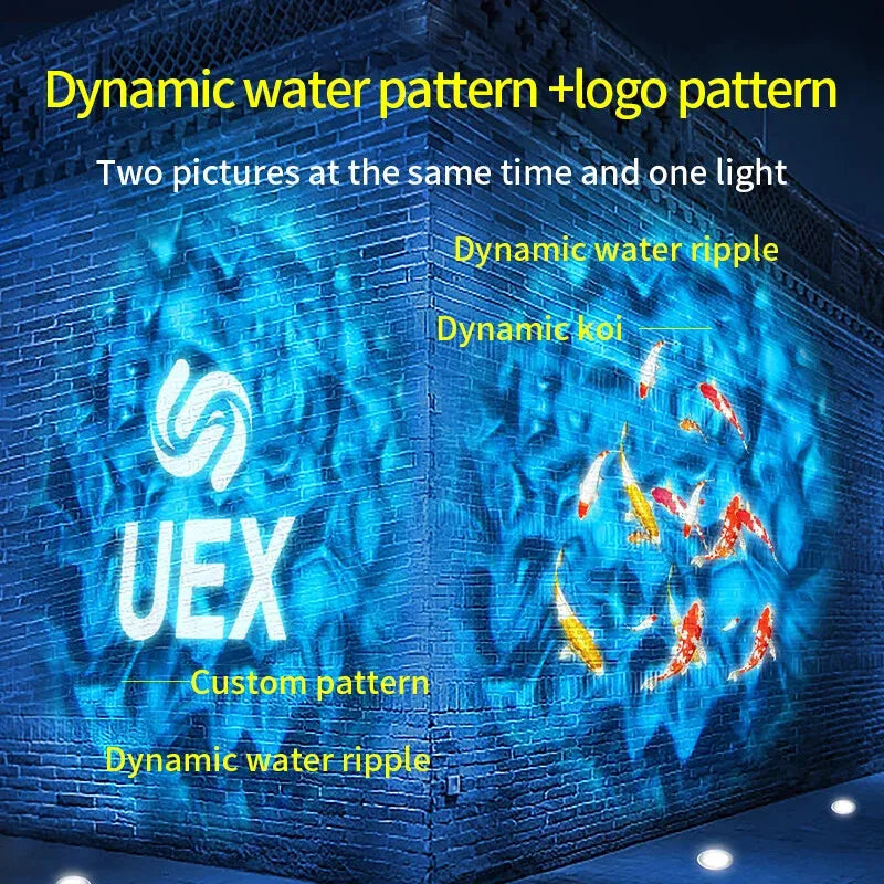 projecteur led extérieur effet eau dynamique poissons koi lotus logo décoration jardin piscine dynamique