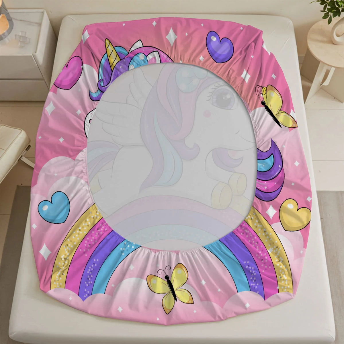 drap housse licorne arc ciel dessins animés couleurs vives motif fantaisie lit enfant polyester