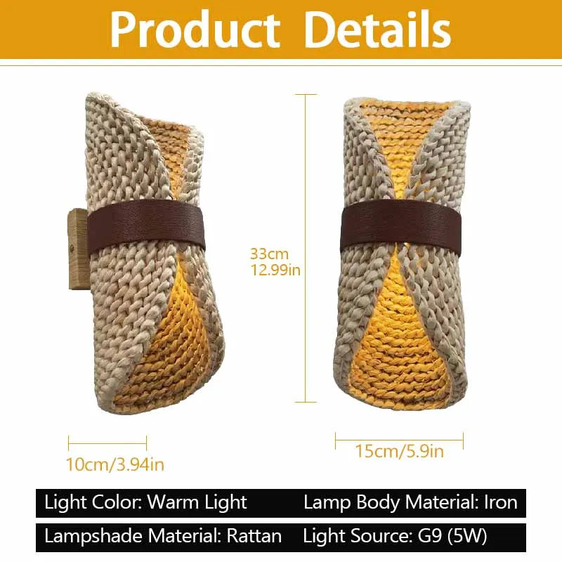 lampe murale tressée bois beige rustique éclairage quotidien led moderne fixée mur