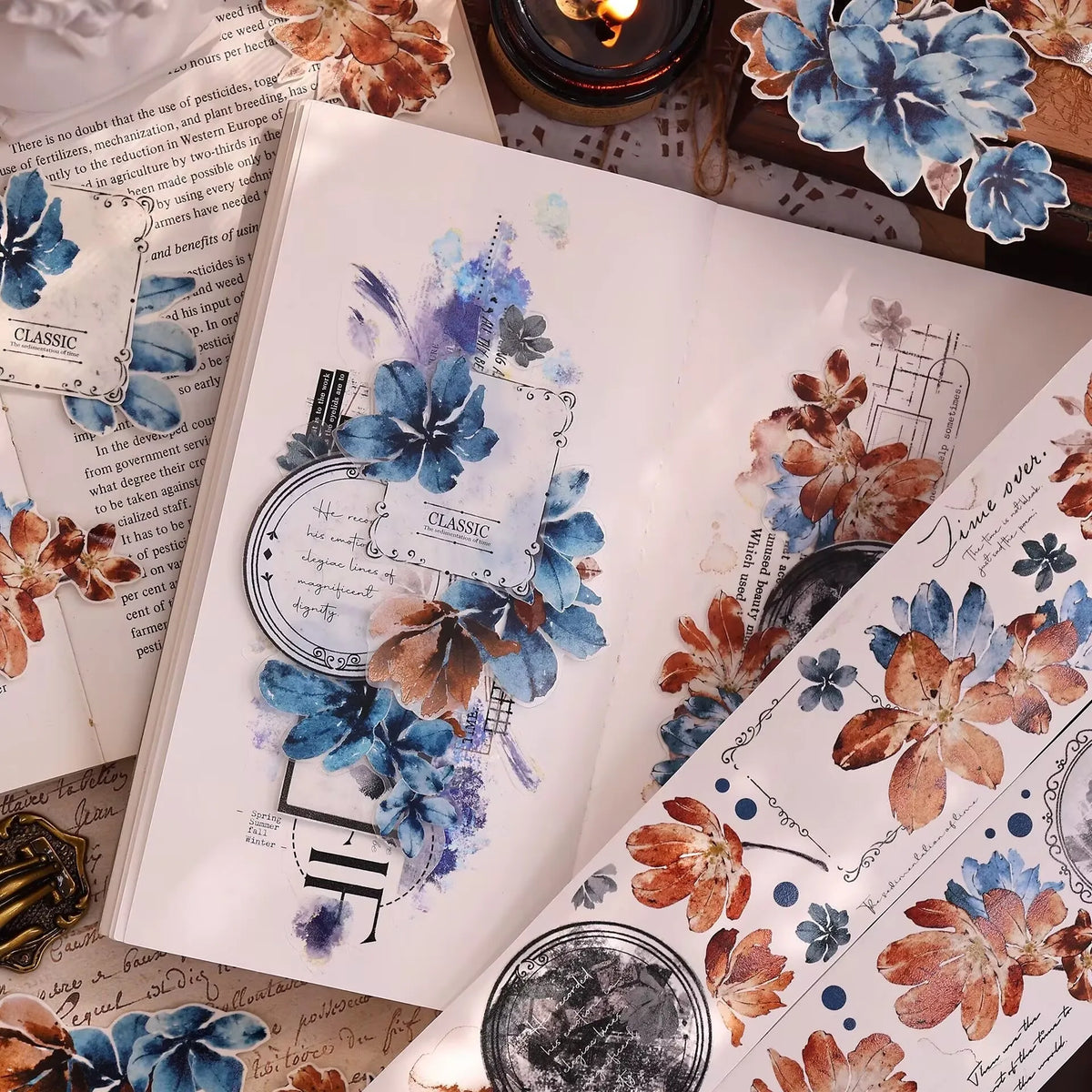 ruban decoratif floral bleu marron blanc fleurs stylisees calligraphie classique romantique scrapbooking bricolage
