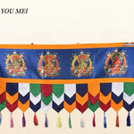 rideau décoration bouddhiste brodé motifs religieux couleurs bleu marron orange vert clips franges multicolores